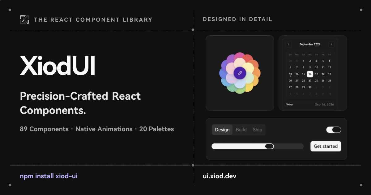 XiodUI — Precision-Crafted React Component Library - 89 Components, 20 Palettes, Native CSS…